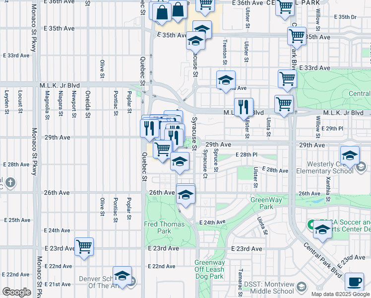 map of restaurants, bars, coffee shops, grocery stores, and more near 7600 East 29th Avenue in Denver