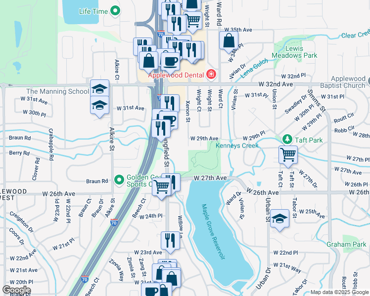 map of restaurants, bars, coffee shops, grocery stores, and more near 2877 Xenon Street in Lakewood