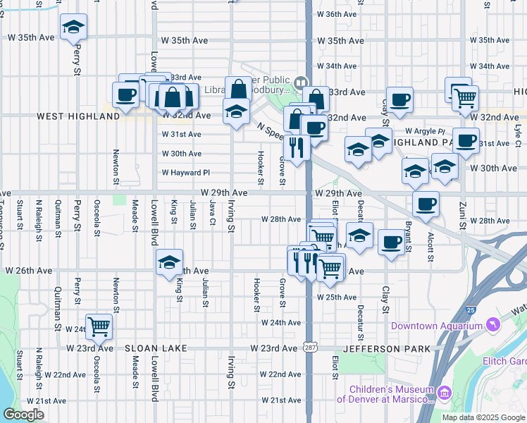 map of restaurants, bars, coffee shops, grocery stores, and more near 3181 West 28th Avenue in Denver