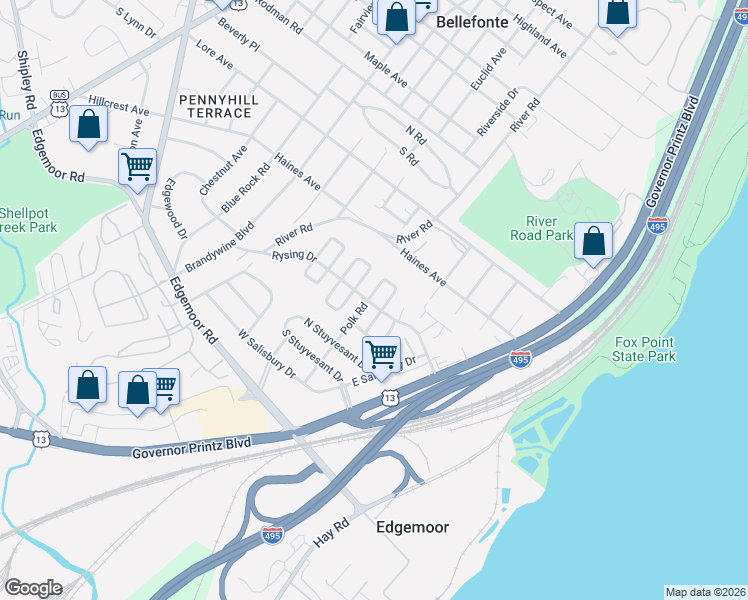 map of restaurants, bars, coffee shops, grocery stores, and more near 44 North Rodney Drive in Wilmington