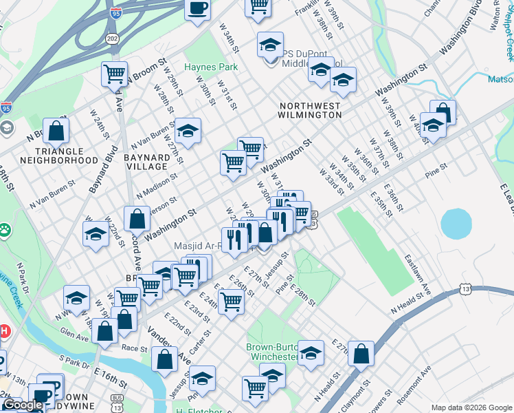 map of restaurants, bars, coffee shops, grocery stores, and more near 2900 North West Street in Wilmington