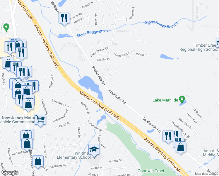 map of restaurants, bars, coffee shops, grocery stores, and more near 4 Dickenson Drive in Sicklerville