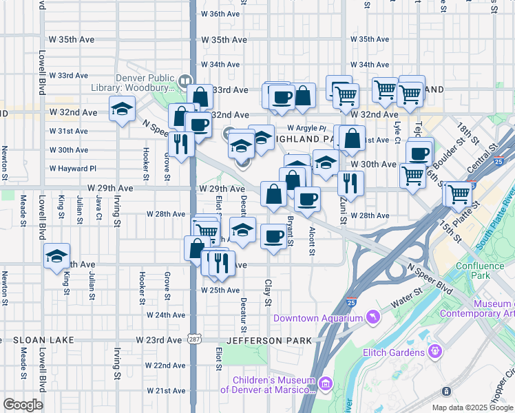 map of restaurants, bars, coffee shops, grocery stores, and more near 2729 West 28th Avenue in Denver