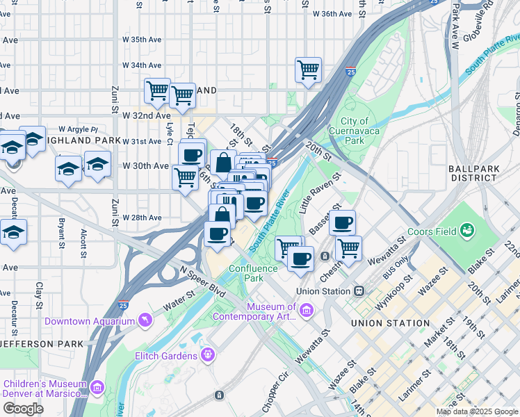 map of restaurants, bars, coffee shops, grocery stores, and more near 1615 Platte Street in Denver