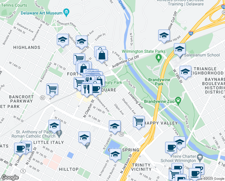 map of restaurants, bars, coffee shops, grocery stores, and more near 1500 Shallcross Avenue in Wilmington