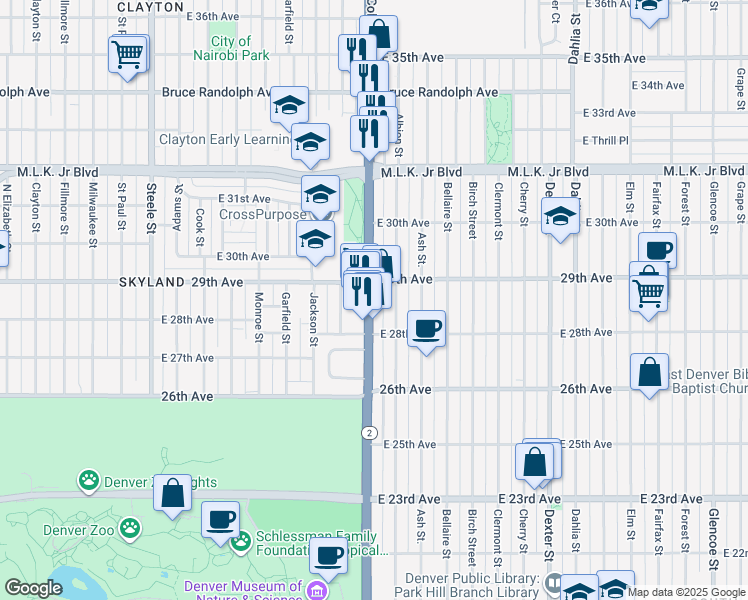 map of restaurants, bars, coffee shops, grocery stores, and more near 2860 Colorado 2 in Denver