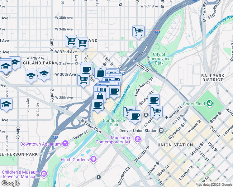 map of restaurants, bars, coffee shops, grocery stores, and more near 1644 Platte Street in Denver