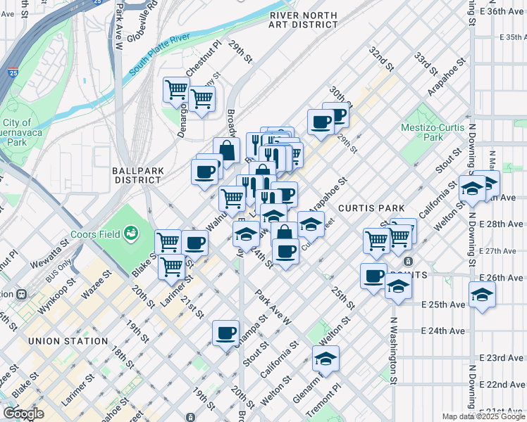 map of restaurants, bars, coffee shops, grocery stores, and more near 1280 25th Street in Denver