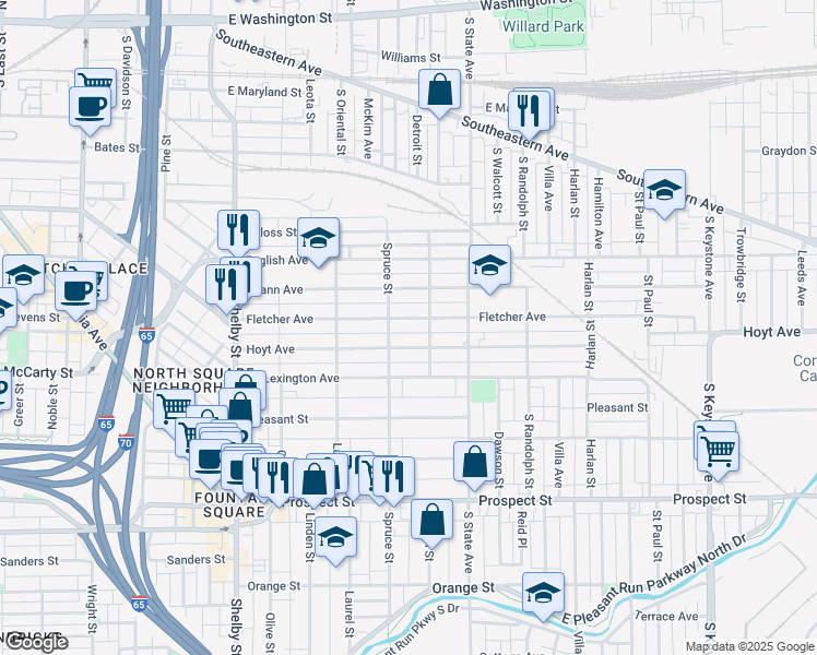 map of restaurants, bars, coffee shops, grocery stores, and more near 1521 Fletcher Avenue in Indianapolis