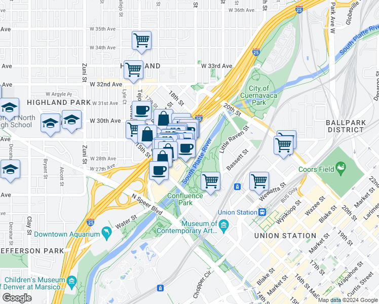 map of restaurants, bars, coffee shops, grocery stores, and more near 1644 Platte Street in Denver