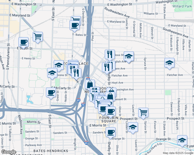 map of restaurants, bars, coffee shops, grocery stores, and more near 930 Lexington Avenue in Indianapolis