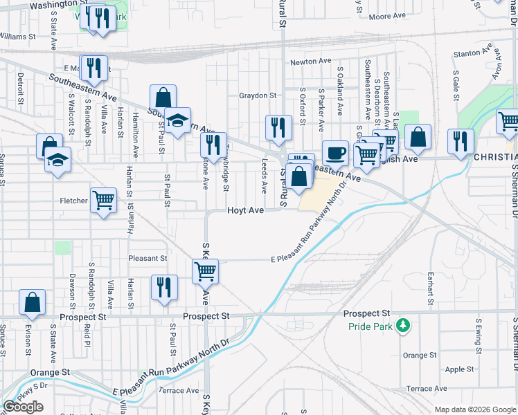 map of restaurants, bars, coffee shops, grocery stores, and more near in Indianapolis