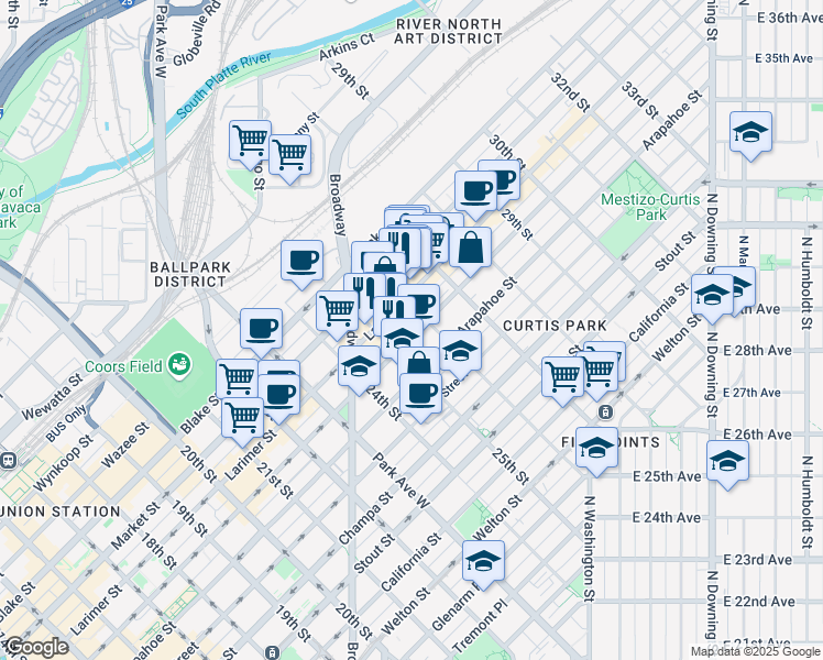 map of restaurants, bars, coffee shops, grocery stores, and more near 2533 Lawrence Street in Denver
