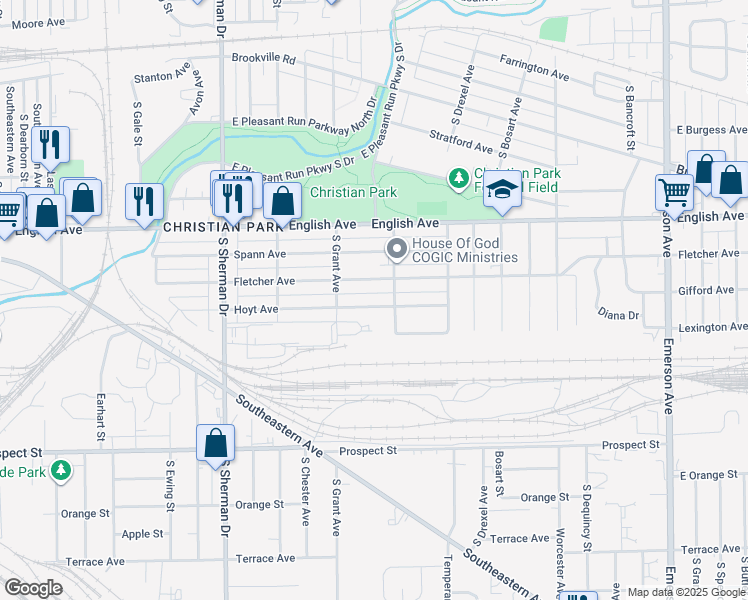 map of restaurants, bars, coffee shops, grocery stores, and more near 4142 Hoyt Avenue in Indianapolis