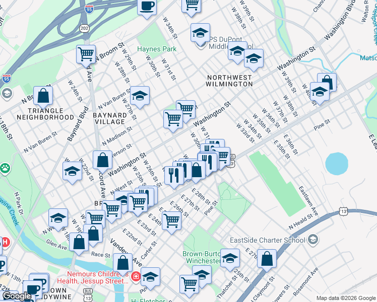 map of restaurants, bars, coffee shops, grocery stores, and more near 2900 North West Street in Wilmington