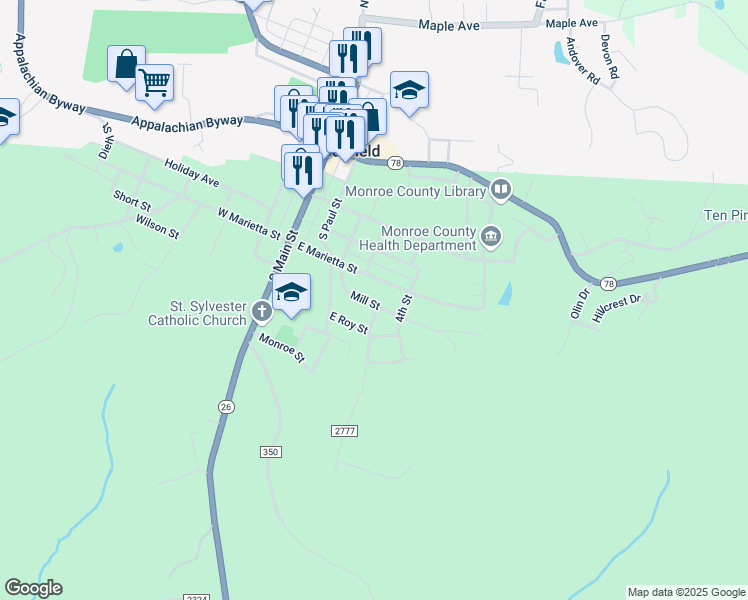 map of restaurants, bars, coffee shops, grocery stores, and more near 320 Mill Street in Woodsfield