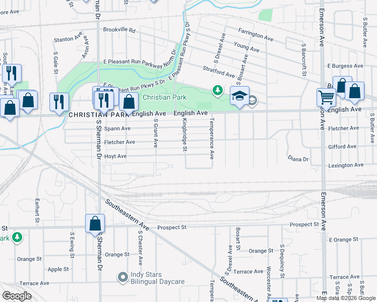 map of restaurants, bars, coffee shops, grocery stores, and more near 4318 Hoyt Avenue in Indianapolis