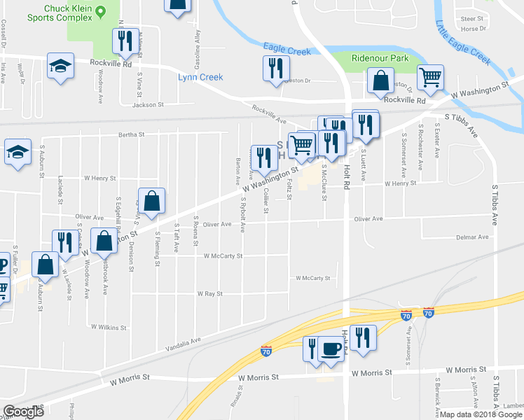map of restaurants, bars, coffee shops, grocery stores, and more near 428 Collier Street in Indianapolis