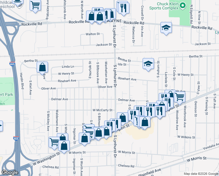 map of restaurants, bars, coffee shops, grocery stores, and more near 606 Manhattan Avenue in Indianapolis