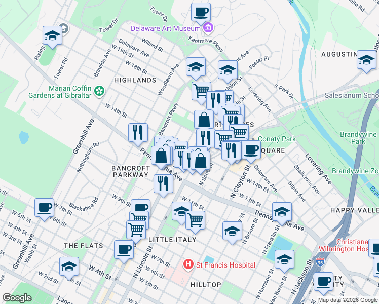 map of restaurants, bars, coffee shops, grocery stores, and more near 1316 North Union Street in Wilmington