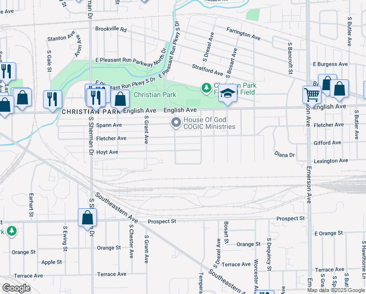map of restaurants, bars, coffee shops, grocery stores, and more near 4318 Hoyt Avenue in Indianapolis