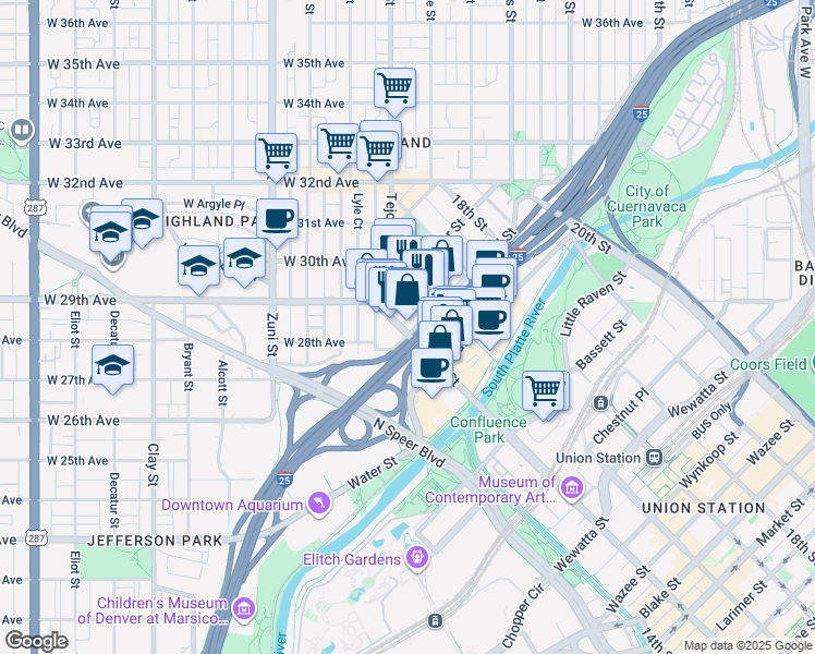 map of restaurants, bars, coffee shops, grocery stores, and more near 2500 15th Street in Denver