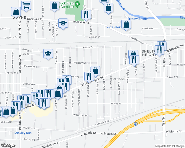 map of restaurants, bars, coffee shops, grocery stores, and more near 541 South Vine Street in Indianapolis