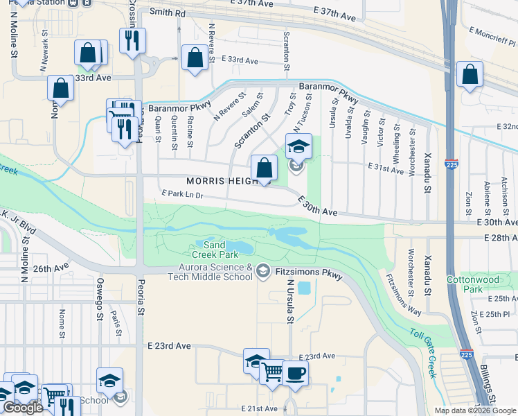 map of restaurants, bars, coffee shops, grocery stores, and more near 12792 East Park Lane Drive in Aurora