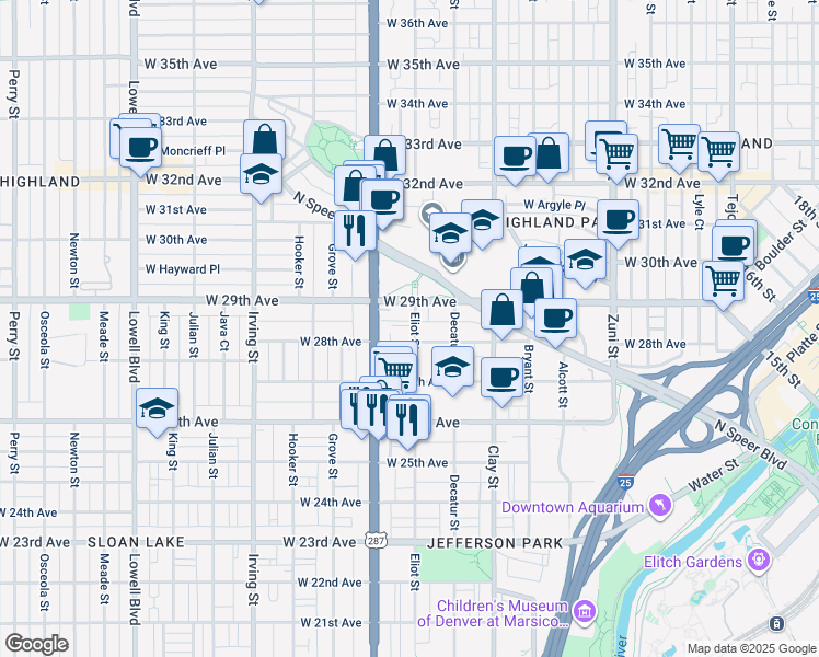 map of restaurants, bars, coffee shops, grocery stores, and more near 2821 Eliot Street in Denver