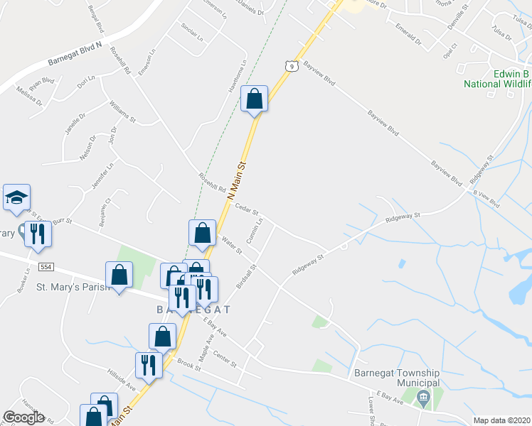 map of restaurants, bars, coffee shops, grocery stores, and more near 21 Cedar Street in Barnegat Township