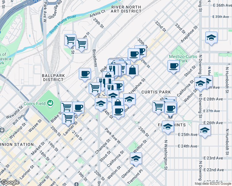 map of restaurants, bars, coffee shops, grocery stores, and more near 2533 Lawrence Street in Denver