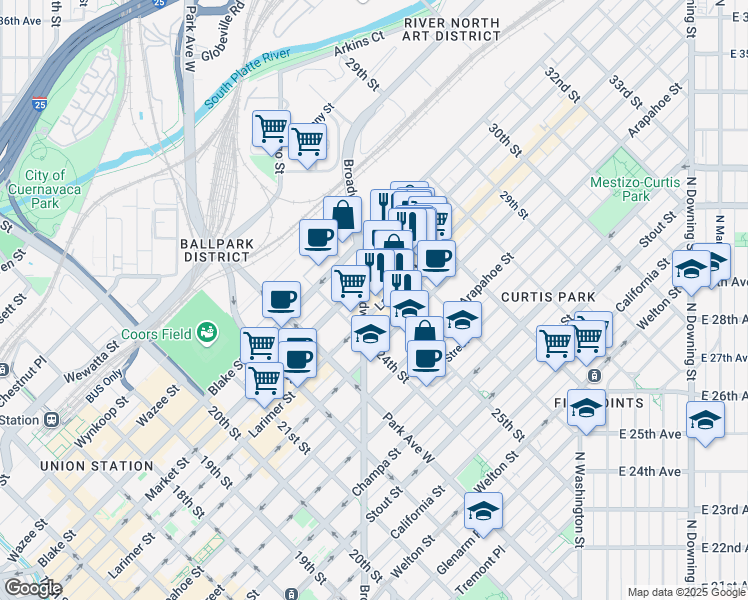 map of restaurants, bars, coffee shops, grocery stores, and more near 1280 25th Street in Denver