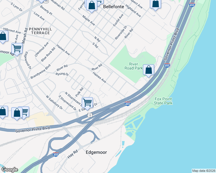 map of restaurants, bars, coffee shops, grocery stores, and more near 1222 Haines Avenue in Wilmington