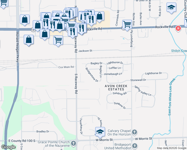 map of restaurants, bars, coffee shops, grocery stores, and more near 519 Bridgestone Drive in Indianapolis
