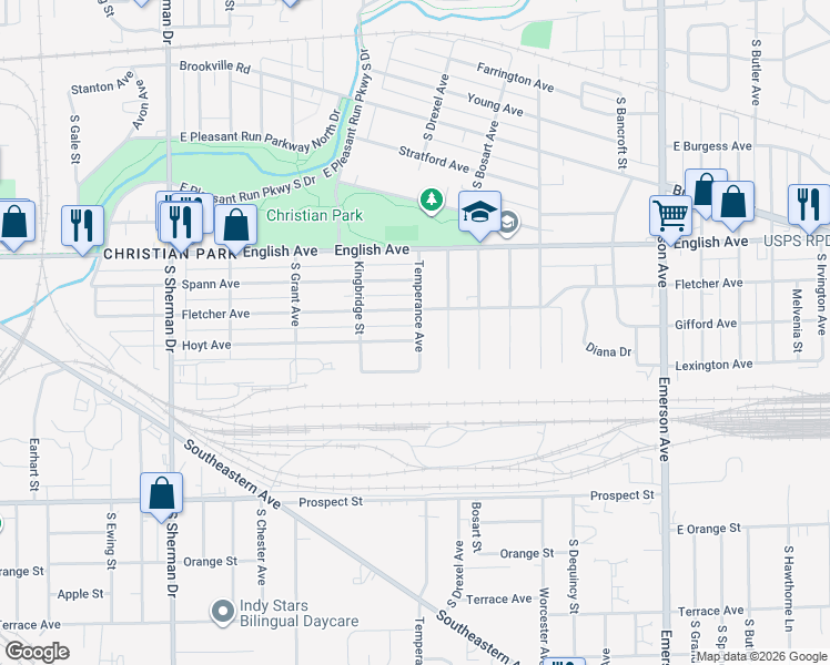 map of restaurants, bars, coffee shops, grocery stores, and more near 4426 Hoyt Ave in Indianapolis