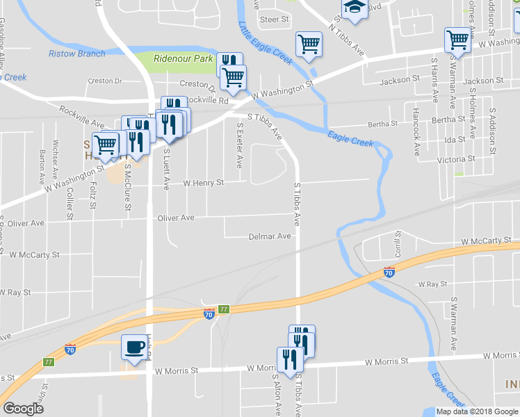 map of restaurants, bars, coffee shops, grocery stores, and more near 3458 Oliver Ave in Indianapolis