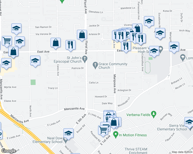 map of restaurants, bars, coffee shops, grocery stores, and more near 1253 Parque Drive in Chico