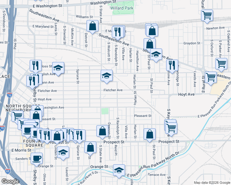 map of restaurants, bars, coffee shops, grocery stores, and more near 1835 Fletcher Avenue in Indianapolis
