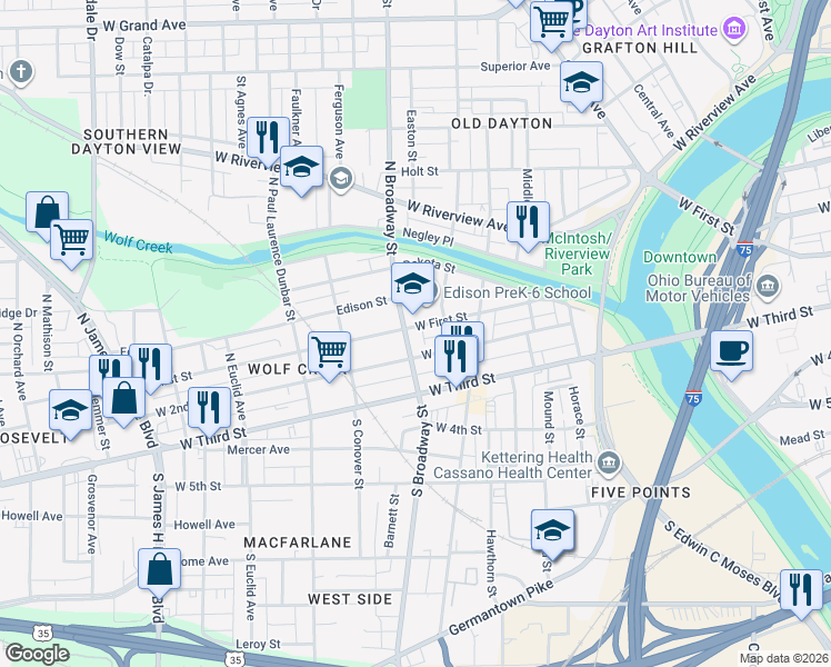 map of restaurants, bars, coffee shops, grocery stores, and more near 117 North Broadway Street in Dayton