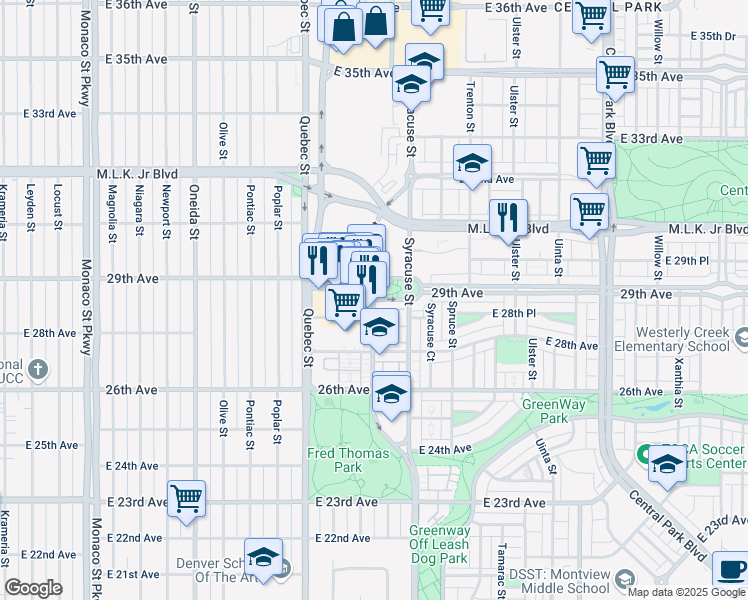 map of restaurants, bars, coffee shops, grocery stores, and more near E 29th Ave & Roslyn St in Denver