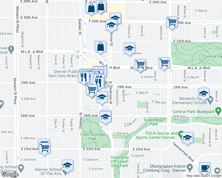 map of restaurants, bars, coffee shops, grocery stores, and more near Syracuse St & E 29th Ave in Denver