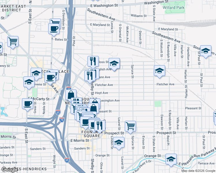 map of restaurants, bars, coffee shops, grocery stores, and more near 1221 Fletcher Avenue in Indianapolis