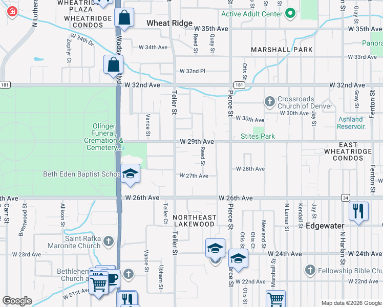 map of restaurants, bars, coffee shops, grocery stores, and more near 2831 Reed Street in Wheat Ridge