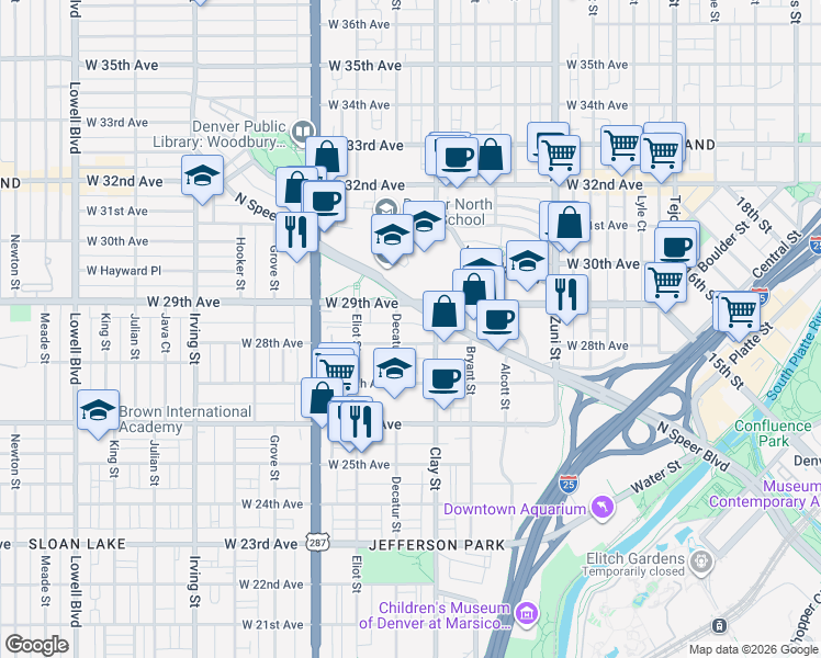map of restaurants, bars, coffee shops, grocery stores, and more near 2719 West 28th Avenue in Denver