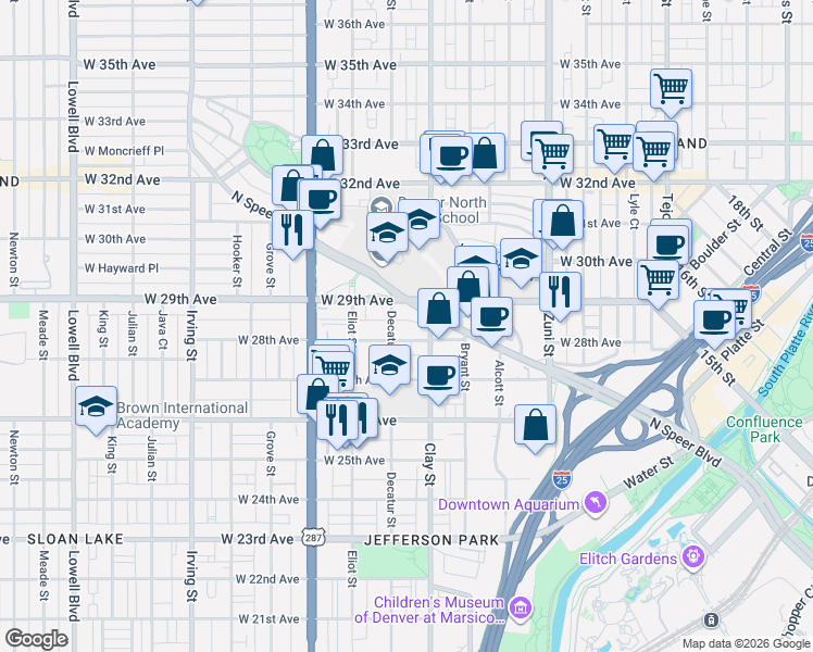 map of restaurants, bars, coffee shops, grocery stores, and more near 2733 West 28th Avenue in Denver