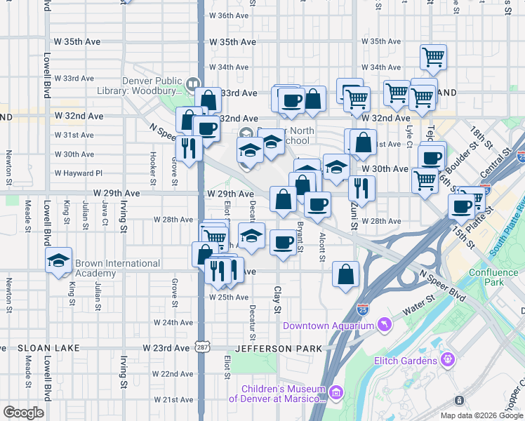 map of restaurants, bars, coffee shops, grocery stores, and more near 2719 West 28th Avenue in Denver
