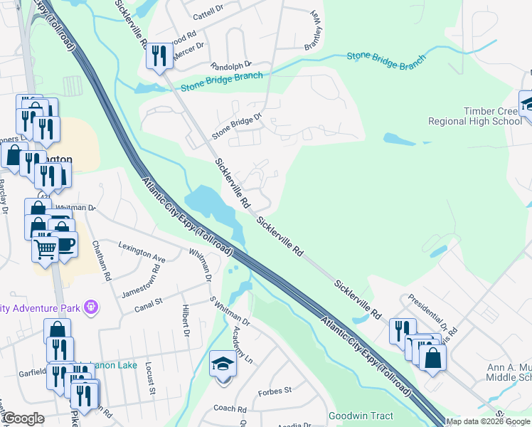 map of restaurants, bars, coffee shops, grocery stores, and more near 4 Dickenson Drive in Sicklerville
