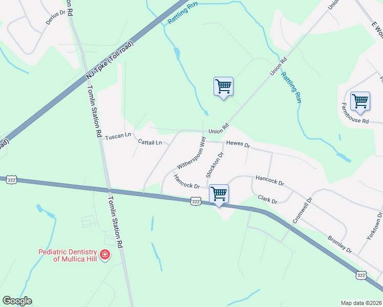 map of restaurants, bars, coffee shops, grocery stores, and more near 820 Witherspoon Way in Mullica Hill