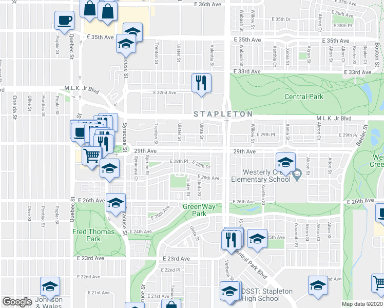 map of restaurants, bars, coffee shops, grocery stores, and more near 8169 East 28th Place in Denver