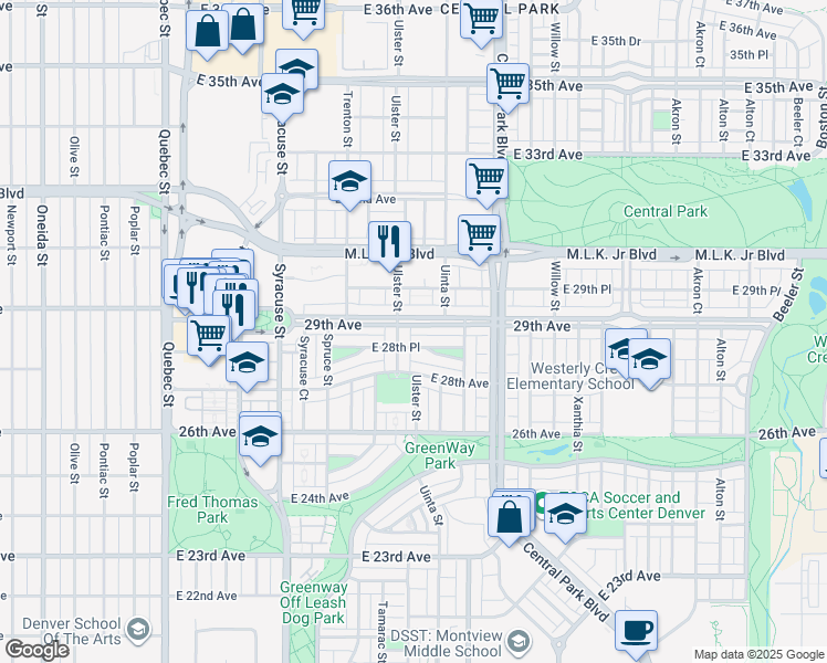 map of restaurants, bars, coffee shops, grocery stores, and more near 8169 East 28th Place in Denver